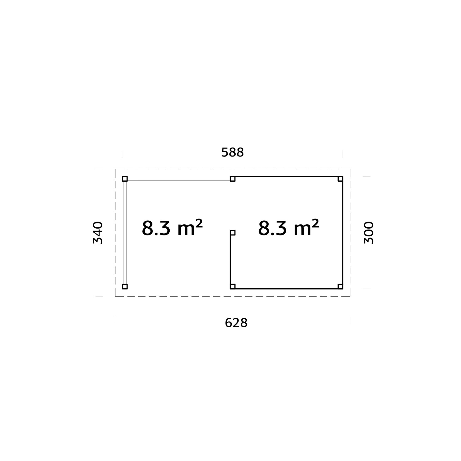 Grundriss Palmako Pavillon Lenna Set 310, naturbelassen, 588x300 cm, mit Maßangaben.