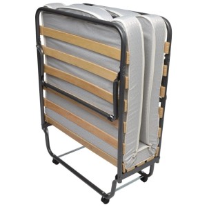 Zusammengeklapptes Veraflex Colonia Gästebett 90x200 cm mit Lattenrost und grauer Matratze.