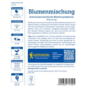 Kiepenkerl Blumenmischung Schneckenresistente Blütensymphonie, Packung mit Infos zu Aussaat und Blütezeit.