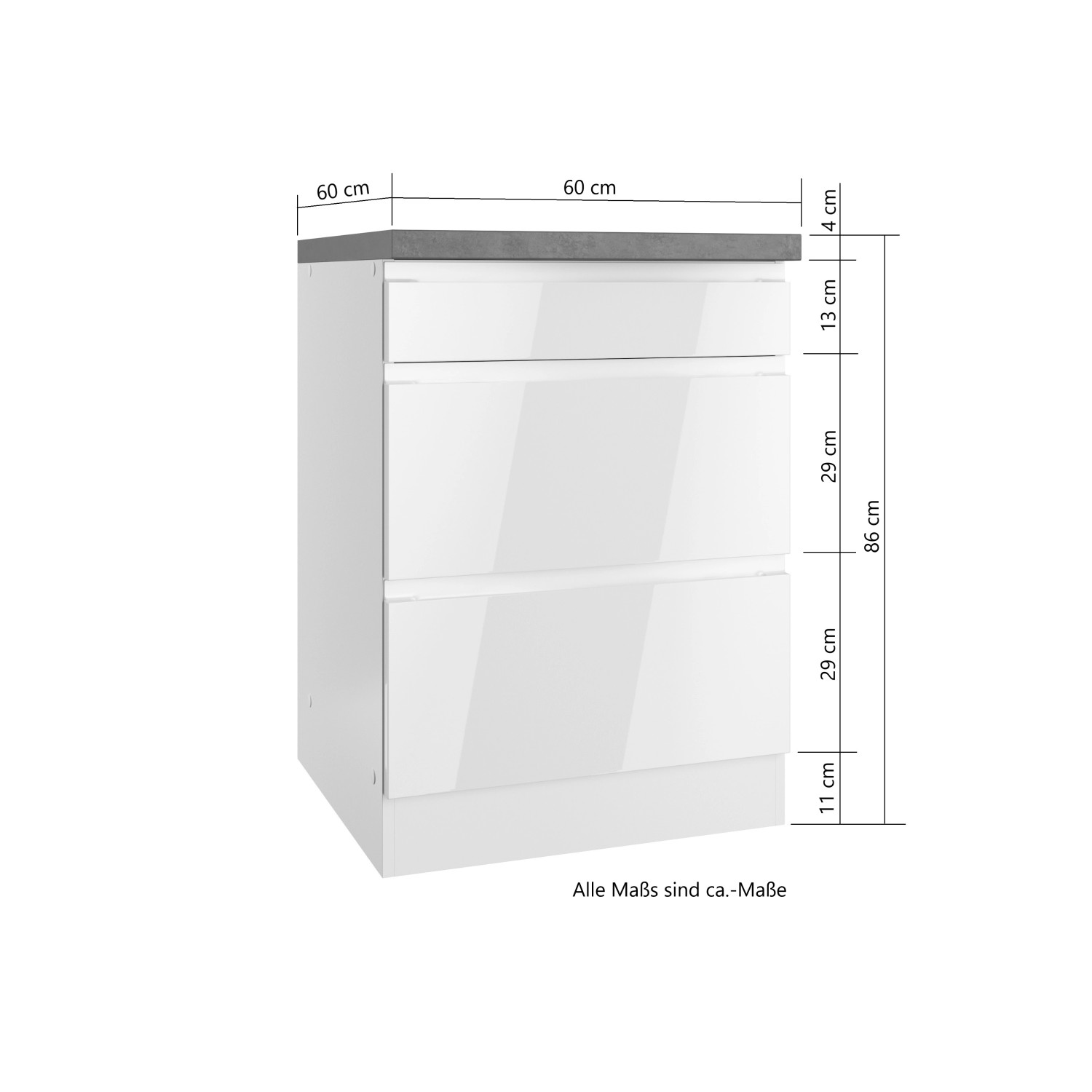 Held Küchen Unterschrank Gera, 60 cm, Weiß/Beton, mit Schubladen und Maßangaben.