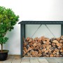 Floraworld Kaminholzregal XL, anthrazit, mit Holz gefüllt. Stabiles Kaminholz Lagerregal mit Schrägdach.