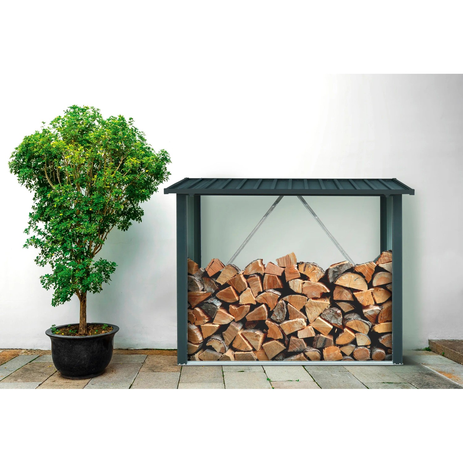 Floraworld Kaminholzregal XL, anthrazit, mit Holz gefüllt. Stabiles Kaminholz Lagerregal mit Schrägdach.