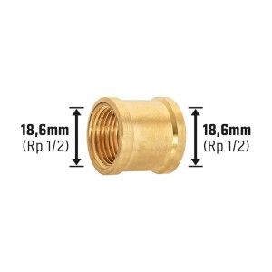 Messing Gewindemuffe 18,6 mm (Rp 1/2) für Rohrverbindungen im Heizungs- und Sanitärbereich.
