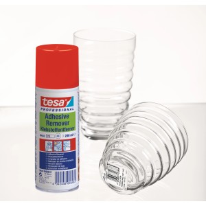 Tesa Professional Klebstoffentferner 200ml Spraydose mit zwei Gläsern.