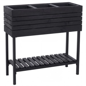 Schwarzes MCW Hochbeet aus Akazienholz mit drei Pflanzeinsätzen und Ablage für Garten, Balkon, Terrasse.