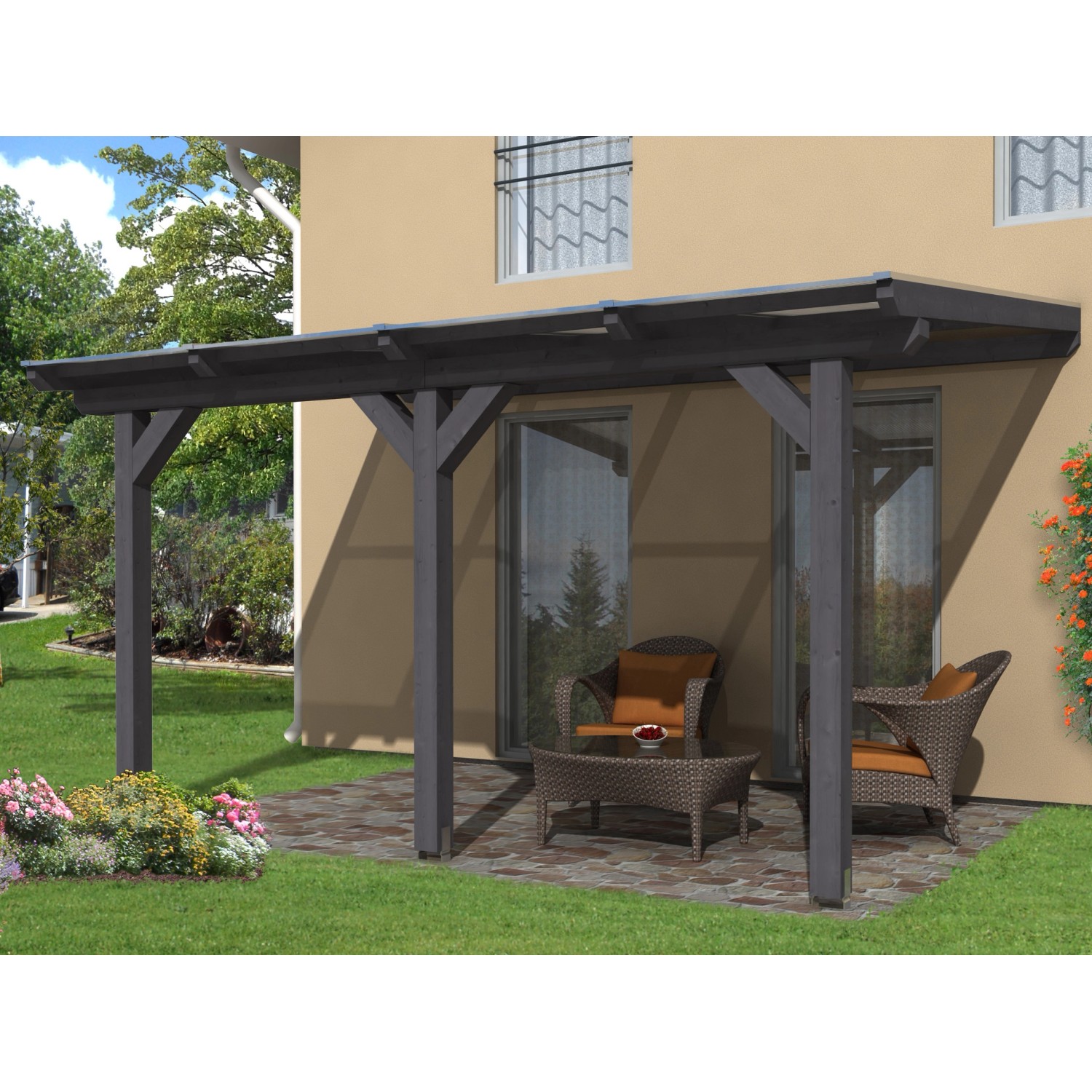 Skan Holz Terrassenüberdachung Andria, 434x300 cm, Leimholz schiefergrau mit Polycarbonat-Doppelstegplatten.