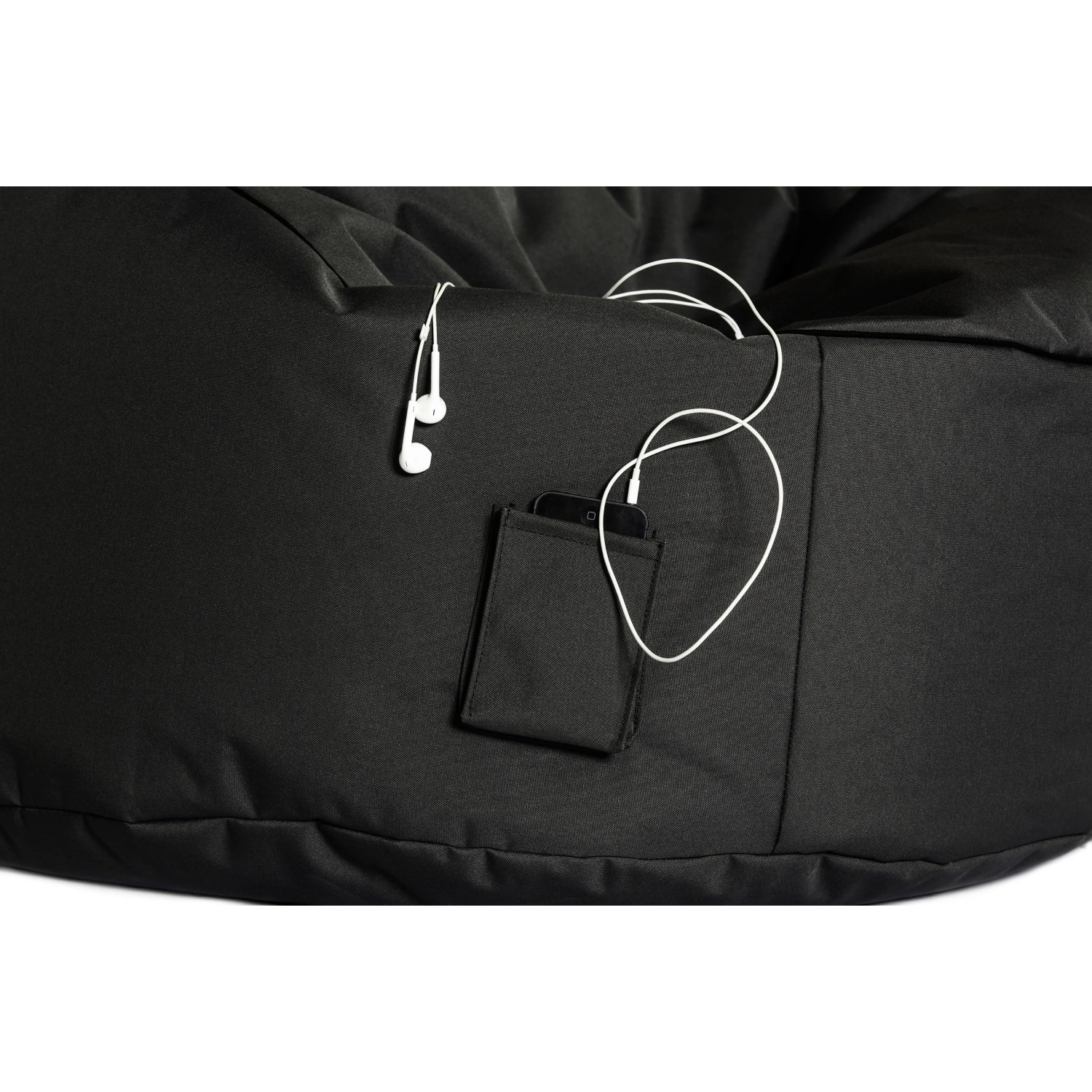 Schwarzer Sitting Point Sessel Swing mit Seitentasche für Smartphone und Kopfhörer.