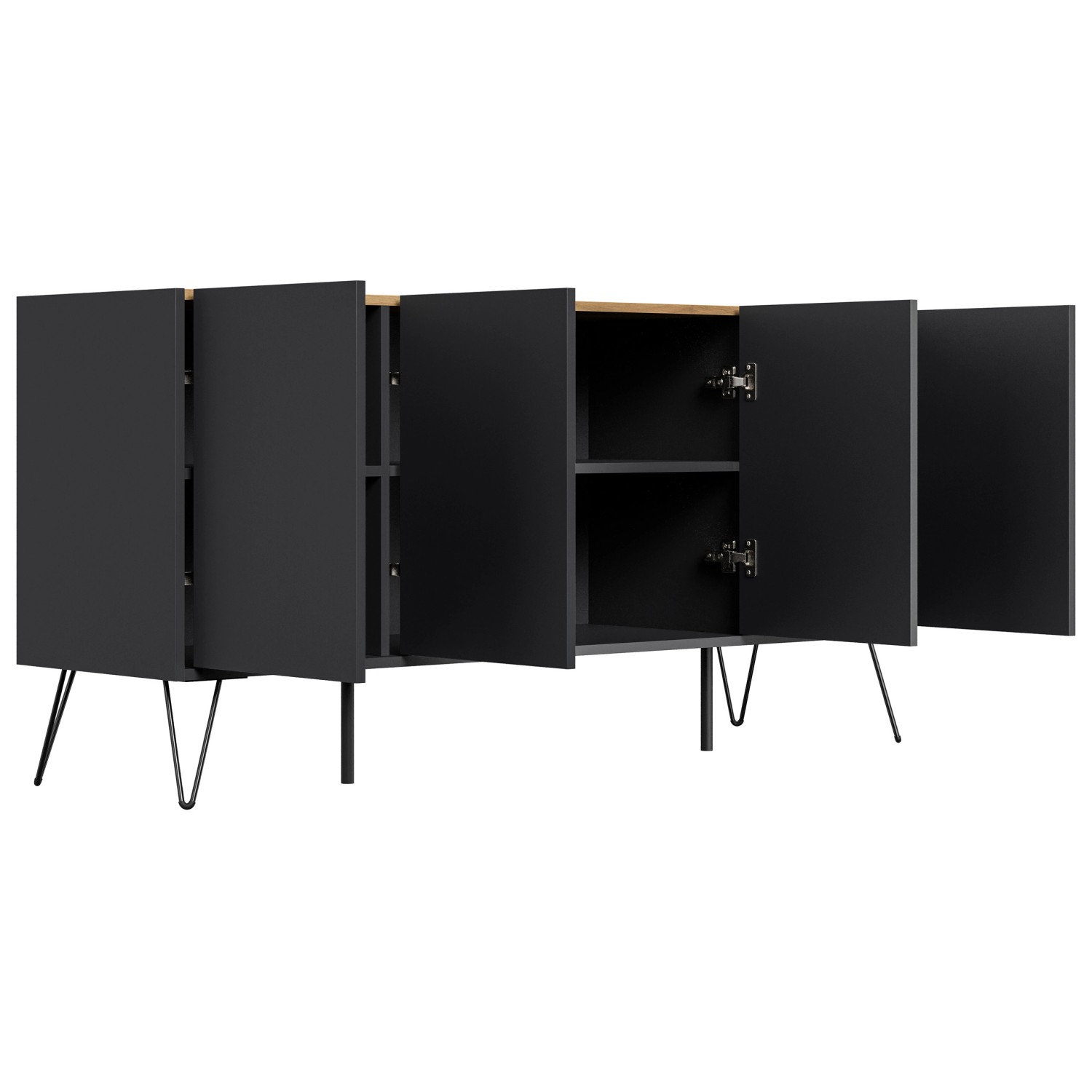 Posseik Sideboard Industrial H, 155 cm, Grafit/Eiche, 4 Türen, stehend.