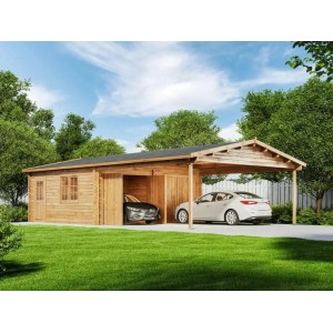 Doppelgarage Falun-70 mit Carport aus Pinienholz, imprägniert, mit zwei geparkten Autos.