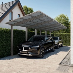 Ximax Carport Linea-110 Tandem im Edelstahl-Look mit zwei geparkten Autos.