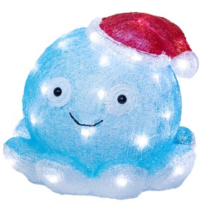 Blaue Lumineo Leuchtfigur Qualle mit Nikolausmütze und kaltweißen LEDs für die Weihnachtsdeko im Außenbereich.