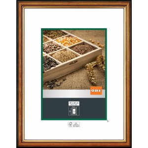OBI Holz-Wechselrahmen Nuss-Gold, 30x40 cm, mit schmalem, abgerundetem Profil und goldfarbener Innenkante.