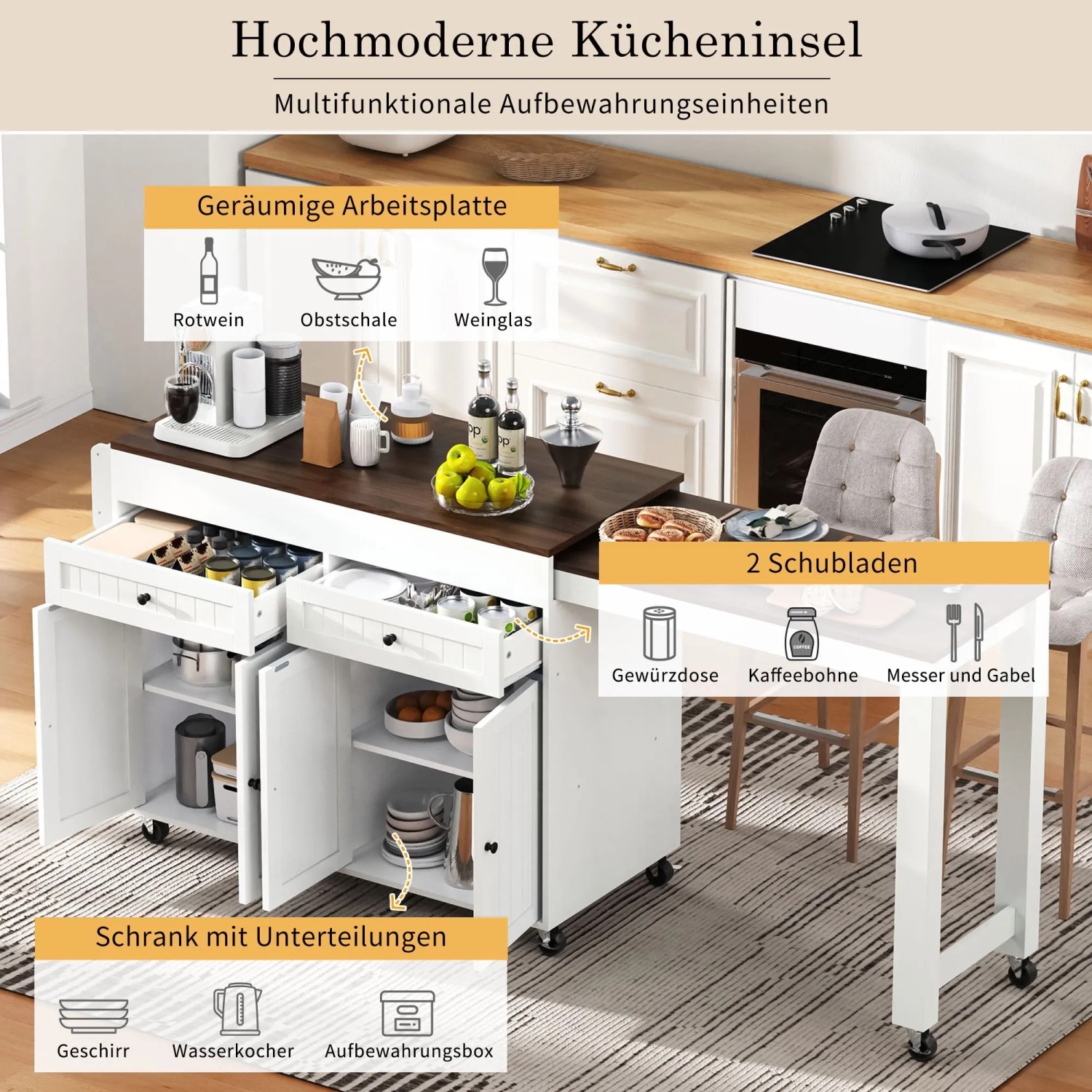 okwish Kücheninsel mit Ausziehfunktion Rollen Schubladen 112-180.5x45x92.2cm Weiß Braun_7