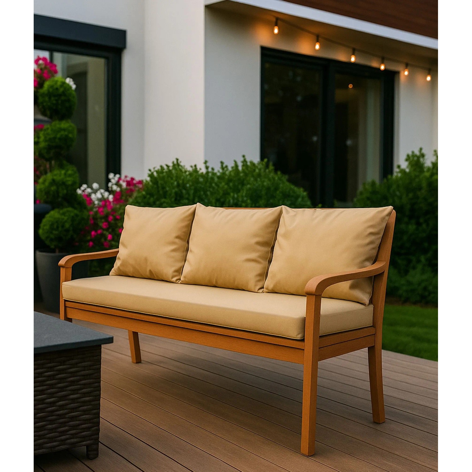 Beige Bankauflage: Setgarden Mix Kissen für 3-Sitzer Gartenbank, 170x50 cm + 4 Rückenkissen.