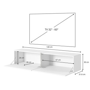 Selsey Bisira TV-Hängeboard, weiß, mit offenen Klapptüren, zeigt Maße und Stauraum. Für TVs 32-60 Zoll.