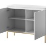 Weißes Selsey Sideboard Bemmi mit geöffneter Tür, vier Fächern und goldenen Metallbeinen. Moderne Kommode.