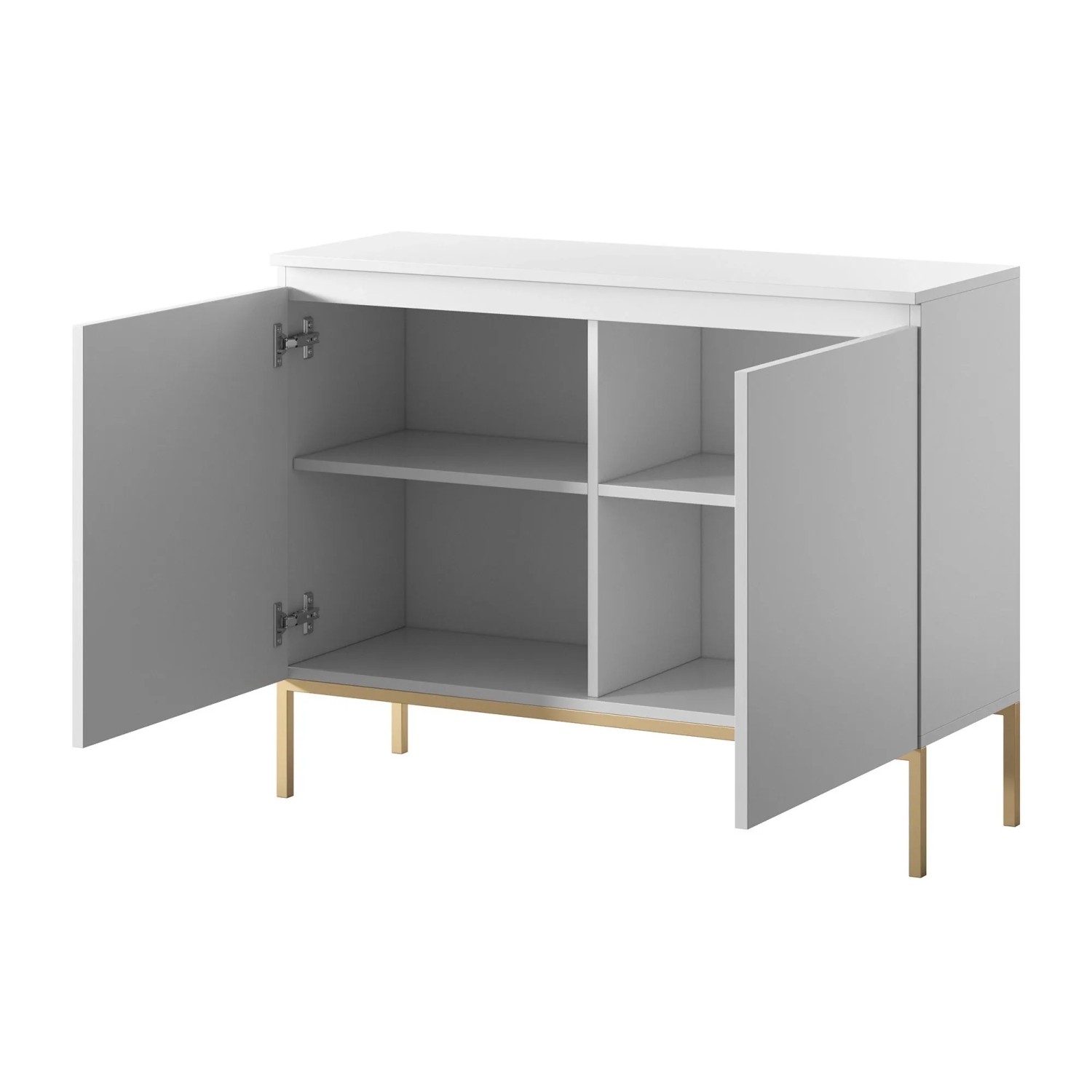 Weißes Selsey Sideboard Bemmi mit geöffneter Tür, vier Fächern und goldenen Metallbeinen. Moderne Kommode.