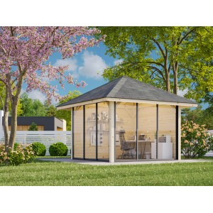 Palmako Pavillon Bianca Set 201, 300x300 cm, weiß lackiert. Weekendhaus mit Schiebetüren und Leimholzpfosten.