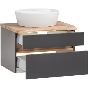 Held Möbel Waschtisch-Set Trient, 60 cm, matt Grau-Wotaneiche mit Aufsatzbecken und zwei Schubladen.