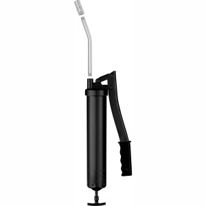 Schwarze Handhebelfettpresse mit gebogenem Düsenrohr zum Abschmieren von Maschinenteilen.