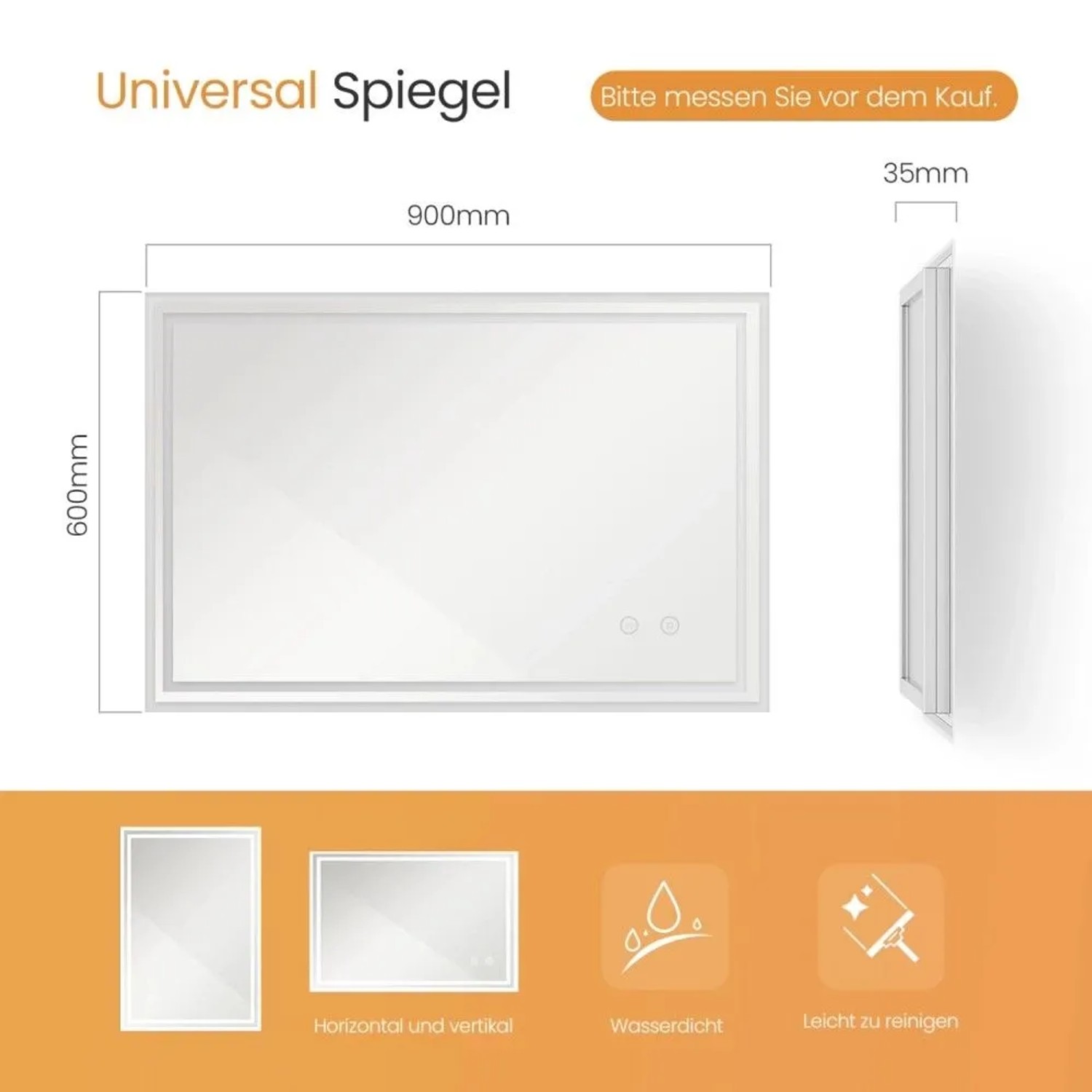 Emke Badspiegel 90x60 cm mit LED-Beleuchtung, Kaltweiß Licht, Touch, Anti-Beschlag. Zeigt Maße, wasserdicht, horizontal/vertikal montierbar.