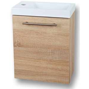 Sanotechnik Waschtisch Fantasy 40 cm, Eiche Dekor, mit weißem Waschbecken und Chromgriff.