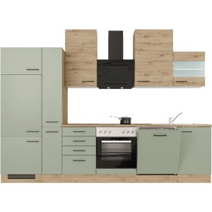 Flex-Well Exclusiv Küchenzeile Cara 310 cm Schilfgrün matt - Artisan Eiche