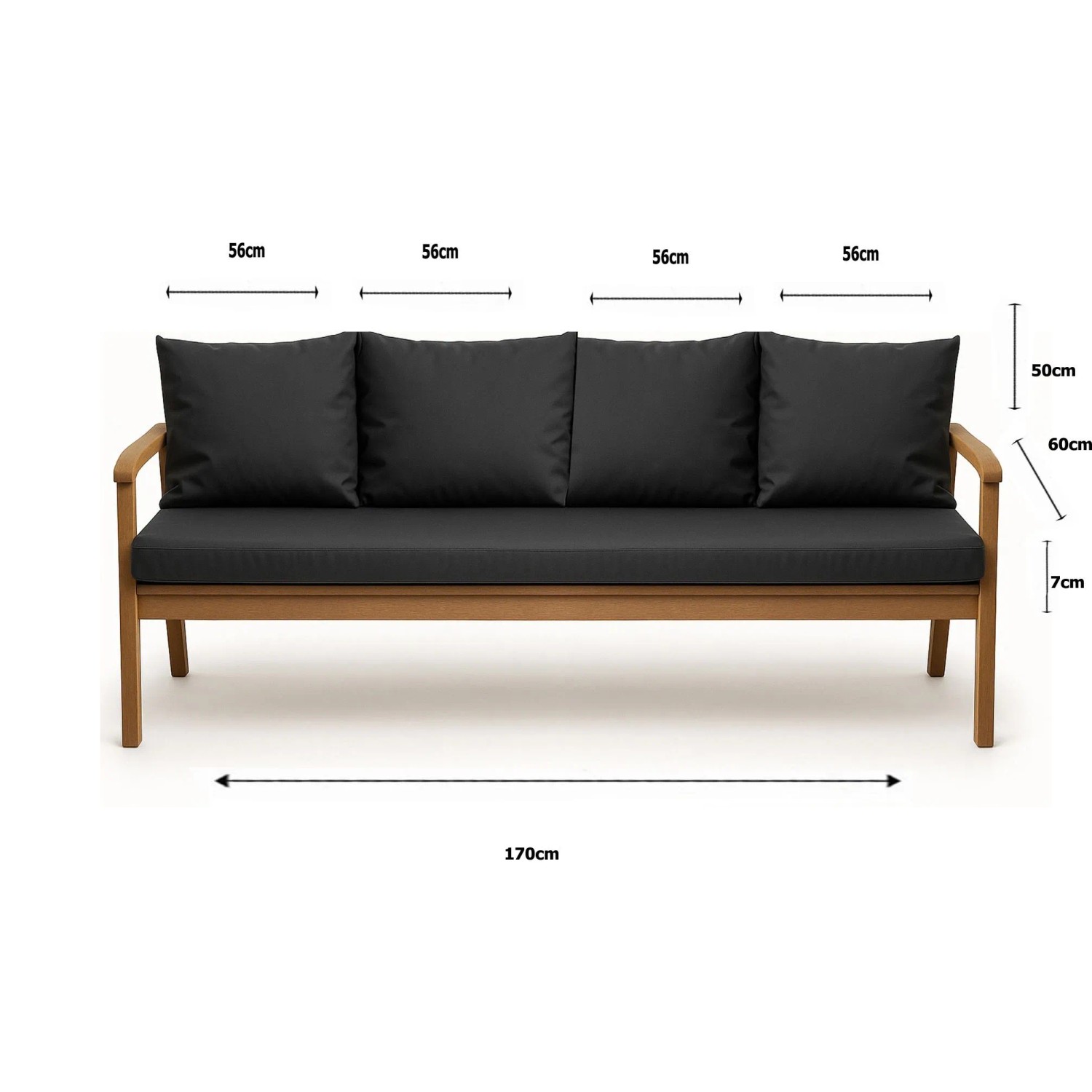 Anthrazitfarbenes Bankkissen-Set für 3-Sitzer Gartenbank, 170x60 cm + 4 Rückenkissen.