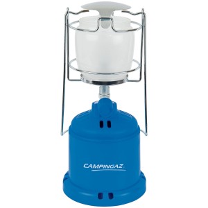 Campingaz Gaslaterne 206 L: Blaue Campinglampe mit Glasschutzgitter und Hängegriff.