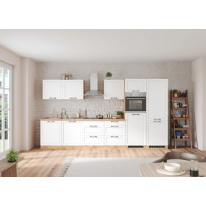 Moderne Küchenzeile Kempten 360 cm in Weiß/Wotan Optik, ohne Elektrogeräte.