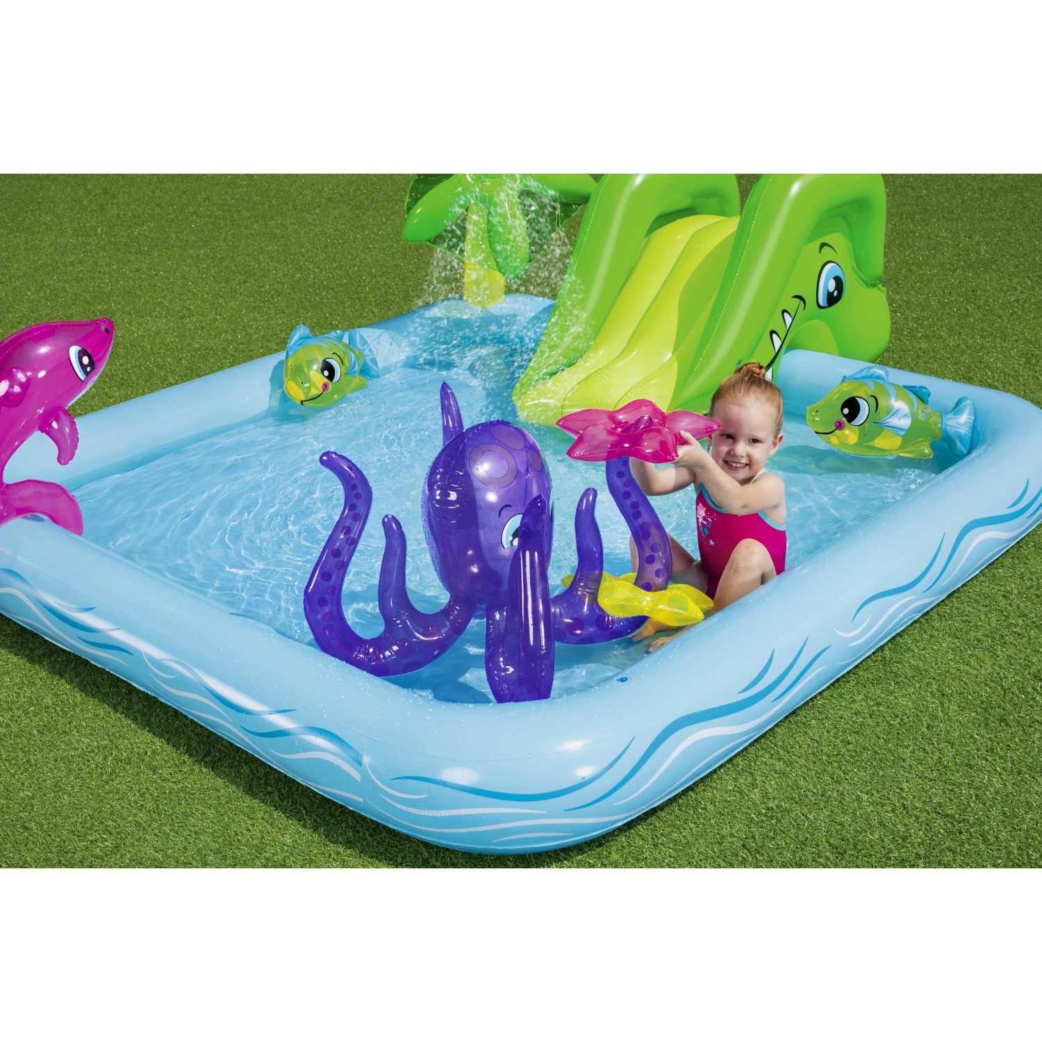 Bestway Wasserspielcenter Aquarium mit Rutsche, Oktopus und Kind im Wasser.