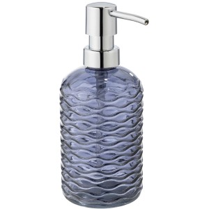 Dunkelblauer Wenko Seifenspender Vetro aus Echtglas mit Reliefmuster und Chrompumpe.