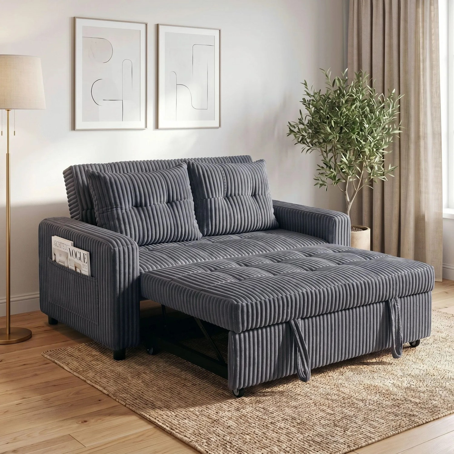 Dunkelgraues HOMCOM Schlafsofa aus Cord, als Bett ausgezogen, mit Kissen und Seitentaschen. Vielseitiges Sofa für Wohnzimmer.