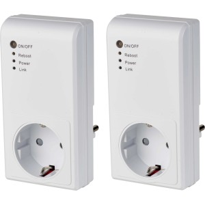 Zwei weiße Wifi Stecker Schuko zur Hausfunksteuerung von elektronischen Geräten.