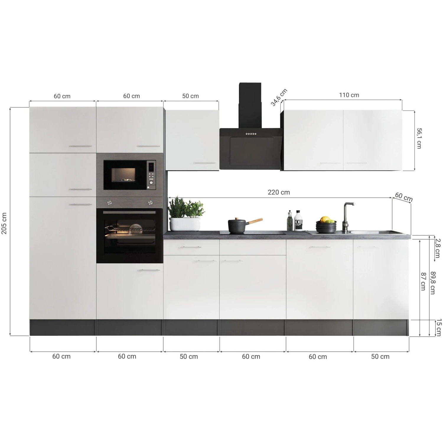 Respekta Küchenzeile Oliver, 340 cm, schwarz, mit Elektrogeräten und Maßen.