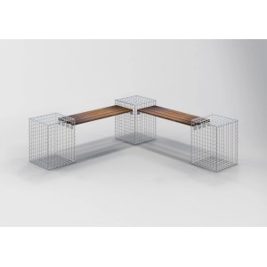 Gabiona 3-Gabionenbank Cumaru, Eckbank mit Holzauflage, Maschenweite 5x5 cm.