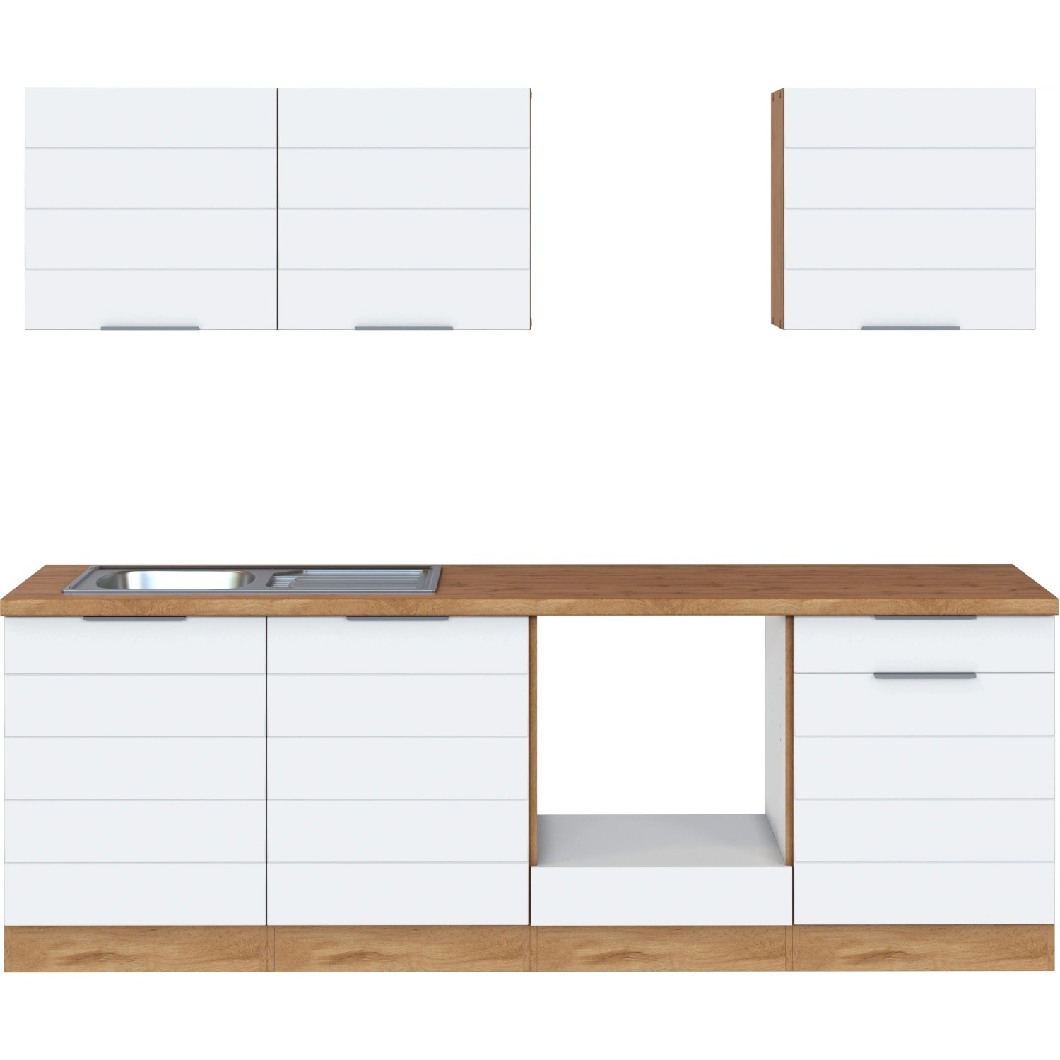 Küchenzeile, 240 cm, Weiß-Wotaneiche, ohne Geräte. Unterschränke, Hängeschränke und Spüle.