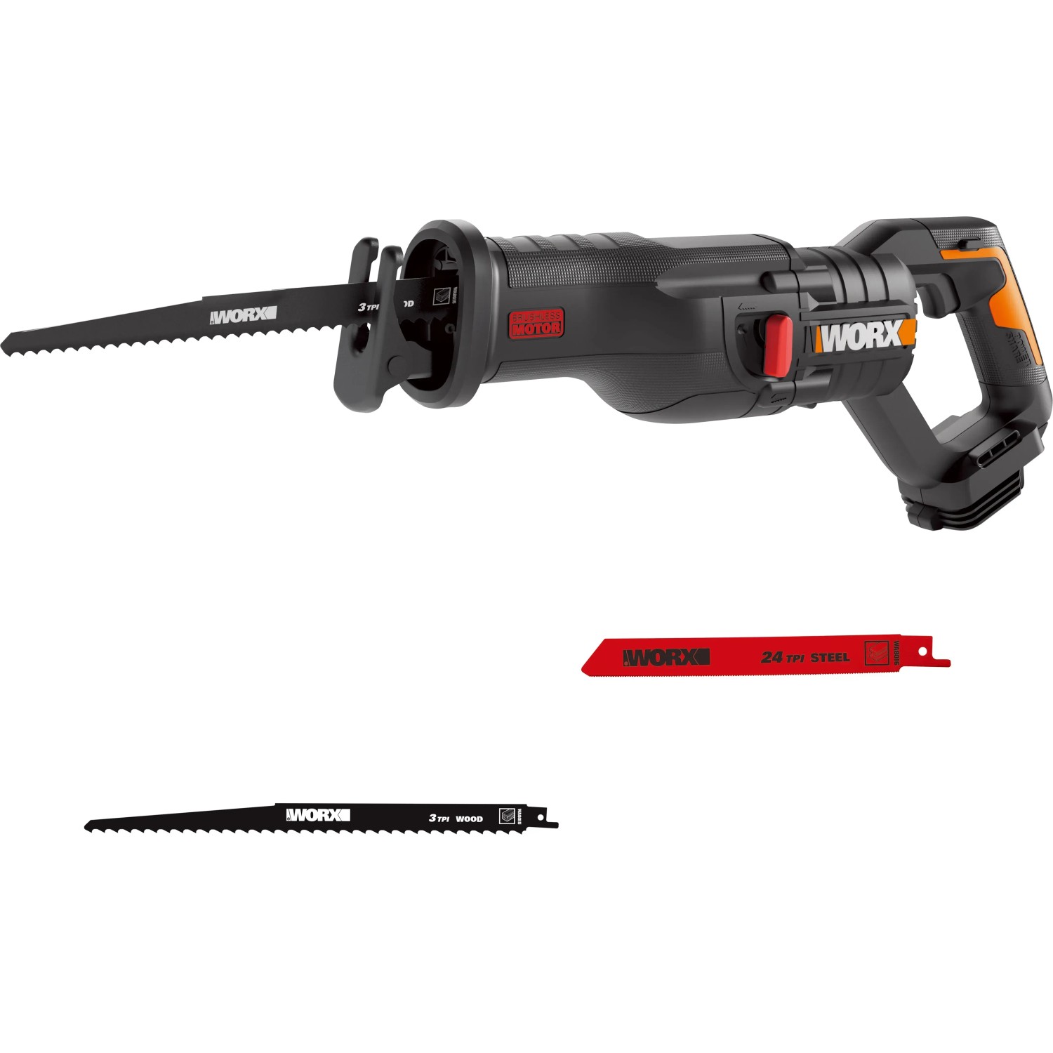 Worx Akku-Säbelsäge WX516.9 20 V mit Sägeblättern für Holz und Metall.