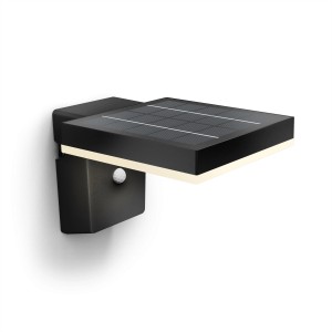 Schwarze, eckige Philips Solar-Wandleuchte Zonal mit Solarpanel und Bewegungssensor.