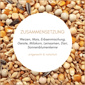 Supravit Taubenfutter: Körnermischung mit Weizen, Mais, Erbsen, Gerste, Milokorn, Leinsamen und Sonnenblumenkernen.