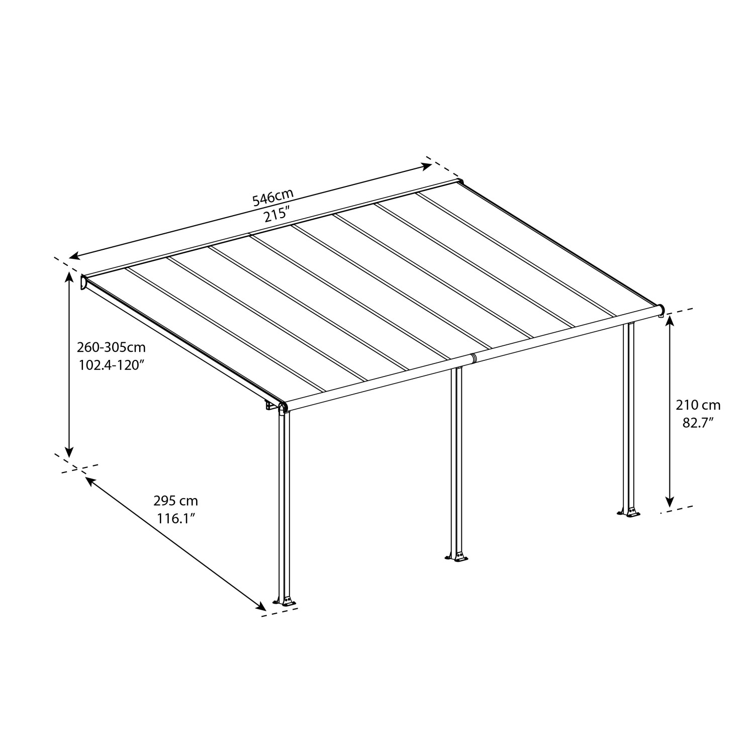 Technische Zeichnung der Palram Olympia Terrassenüberdachung 3x5.5 in Anthrazit mit Maßen.