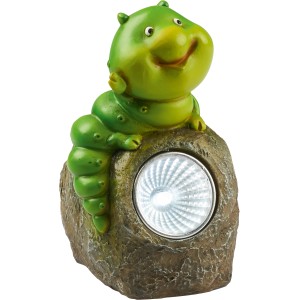 LED Solarstein mit Raupe als Garten-Deko, warmweißes Licht.