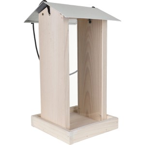 Vogelhaus aus Kiefernholz mit Metalldach, Futterspender für Wildvögel.