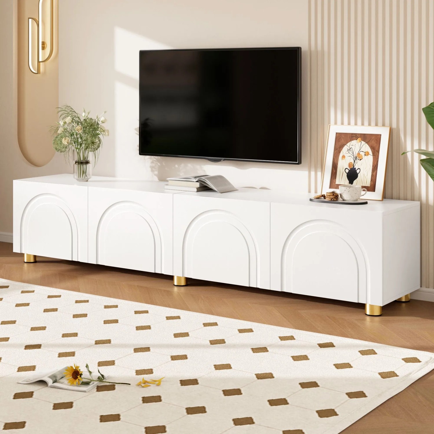 okwish TV-Schrank Lowboard mit Bogenrelief 4 Türen Metallfüße Wohnzimmer 180x35x40cm Weiß_4