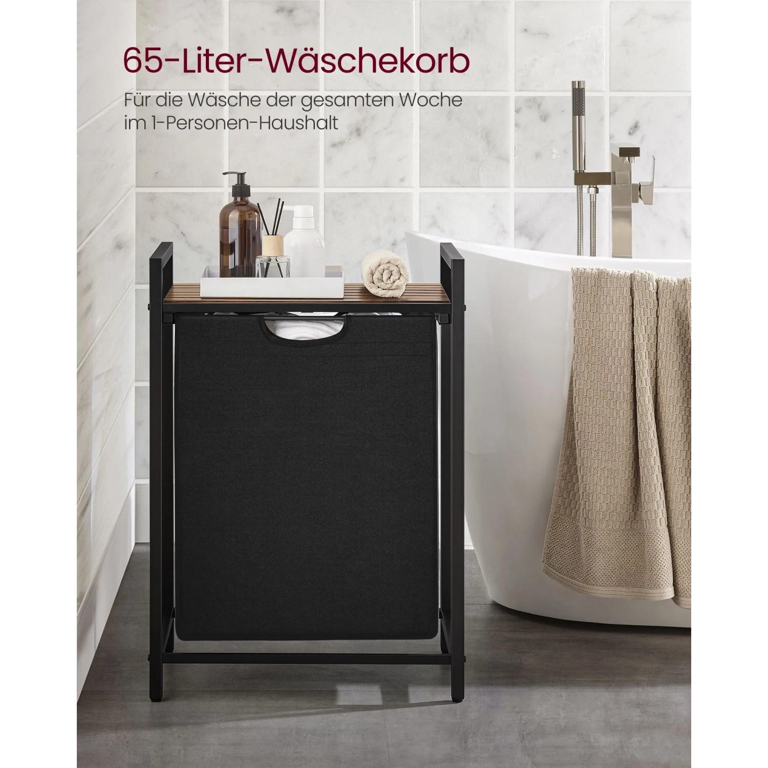 Vasagle Wäschesammler, braun-schwarz, mit Ablage. Wäschekorb für Bad oder Waschküche.
