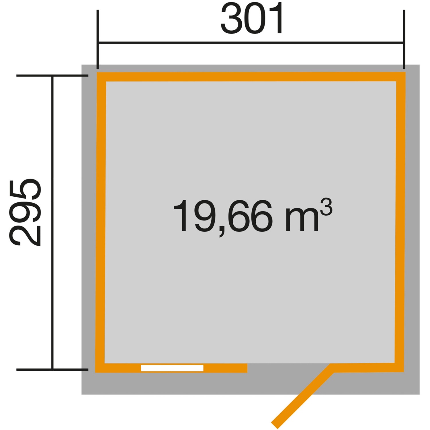 Grundriss Gartenhaus 123, Größe 5, Satteldach, 301x295 cm, Fläche 19,66 m³.