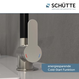 Schütte Spültischarmatur Rio, Edelstahloptik mit schwarzem Auslauf. Einhebelmischer mit Cold-Start Funktion.