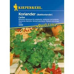 Kiepenkerl Koriander Caribe Samenpackung mit Korianderpflanze im Topf.