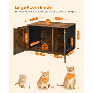 Feandrea Katzenklo-Schrank in Braun-Schwarz, 80x53x50cm, mit Größenangaben und Katzen.