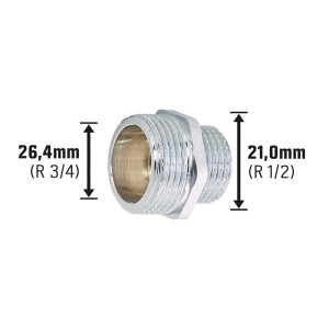 Gewinde-Reduzierstück, 21 mm (R 1/2) x 26,4 mm (R 3/4), Messing verchromt für Gewindefittings.